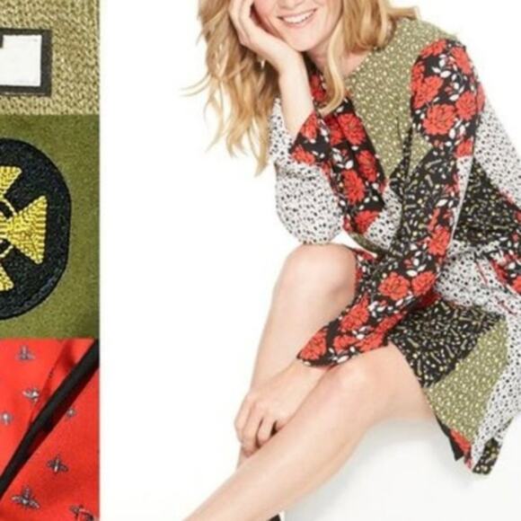 Libby Edelman Floral Patchwork Long Sleeve Dress Green & Red Size X-Small - Picture 5 of 8